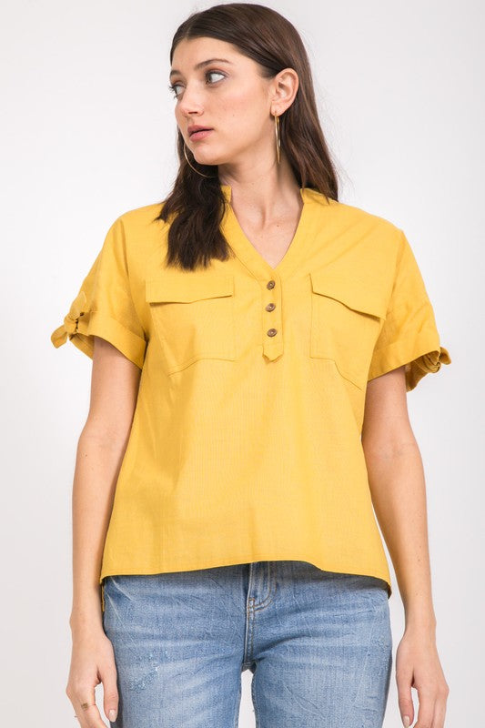 Raquel Mustard Short Sleeve Top – Elizabeth's Boutique