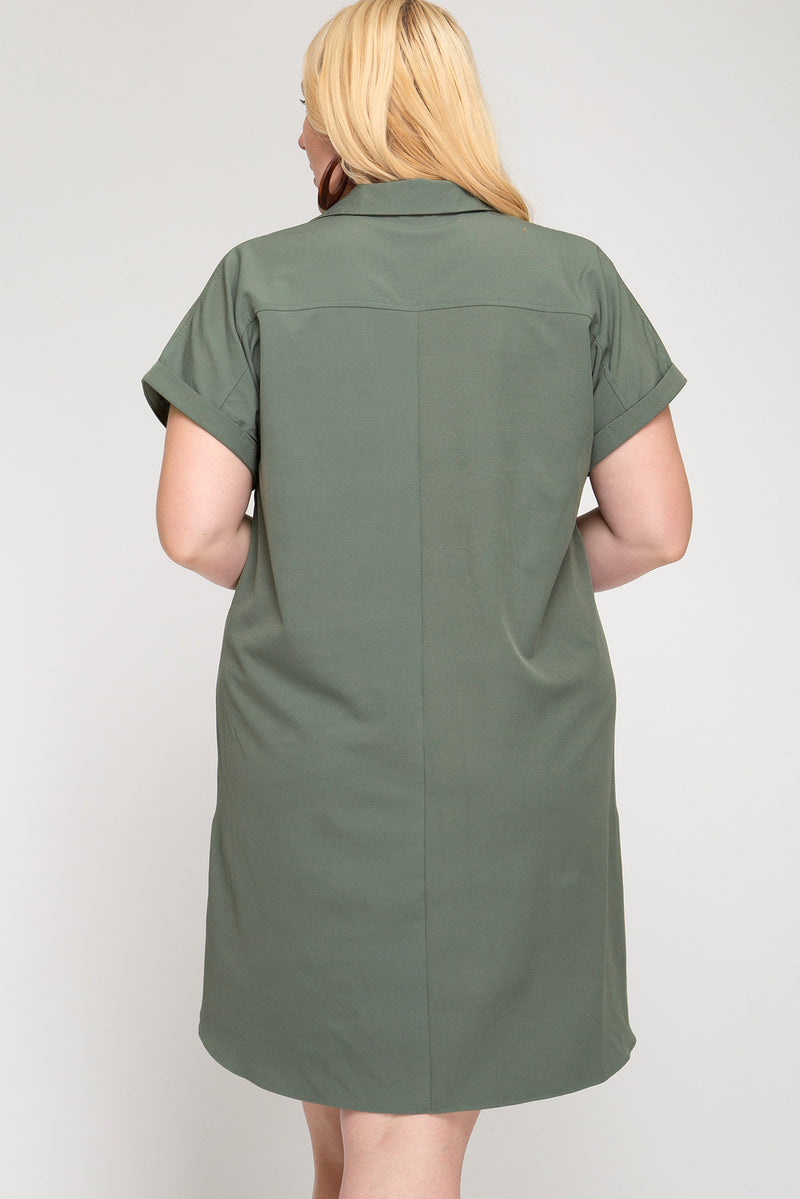 olive green tunic dress Ellos Womens Plus Size 2X Olive Green Pleated Tunic Dress With Studded Accents