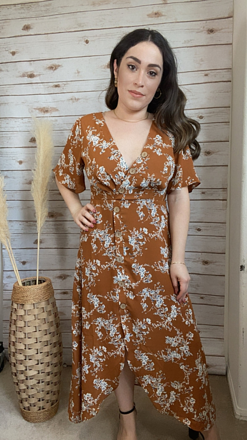 brown floral dress Daphne Ruffle Maxi Size medium measures 45 from shoulder to hem Brown Floral A Line Mini