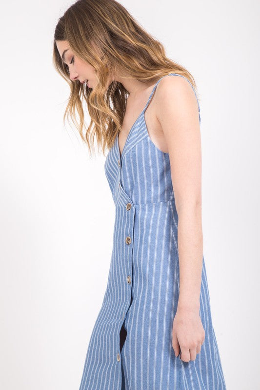 Light Blue Striped Button Strap Dress - Elizabeth's Boutique 