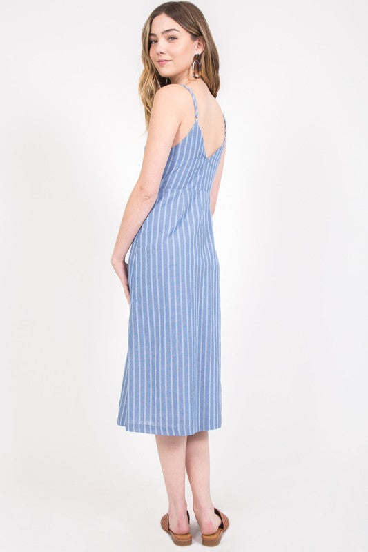 Light Blue Striped Button Strap Dress - Elizabeth's Boutique 