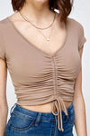 Taupe Drawstring Ruched Front Accent Solid Top
