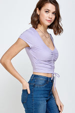 Lavender Drawstring Ruched Front Accent Solid Top