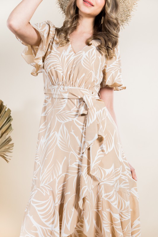 Tropical leaf printed asymmetrical maxi dress