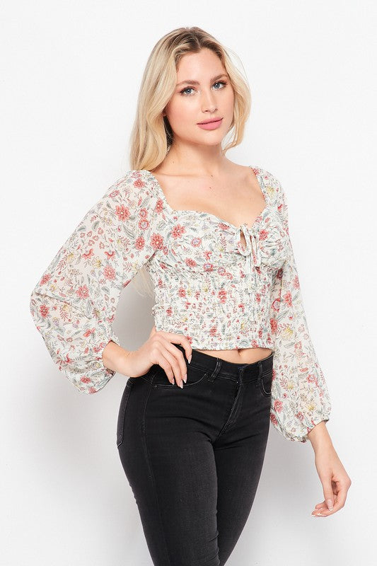 Floral Print Long-sleeve Self Tie Tops for Mom and Me