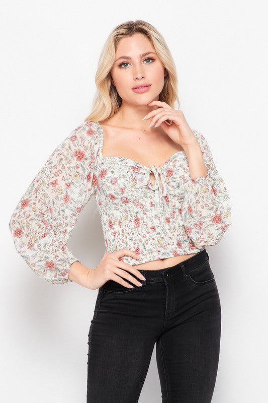 Floral Tie Front Shirred Long Sleeve Crop Top