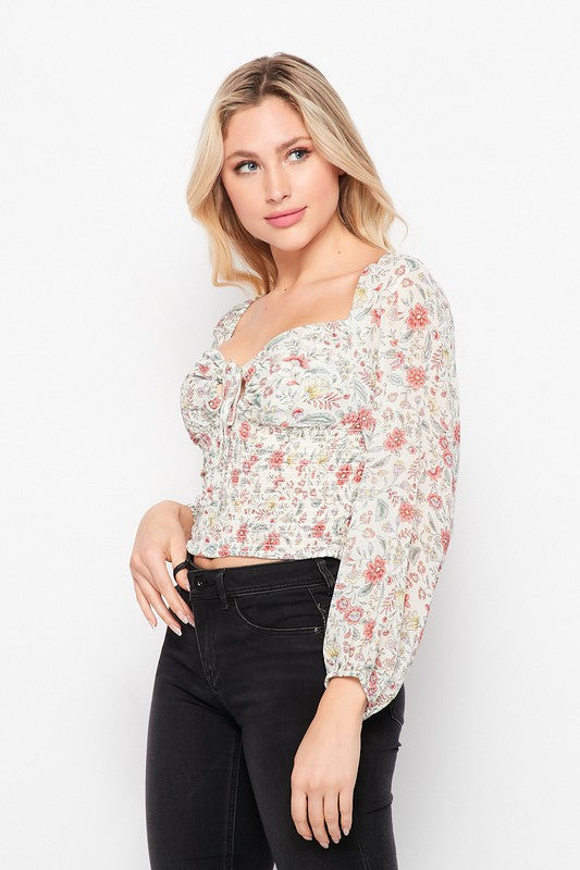 Floral Tie Front Shirred Long Sleeve Crop Top
