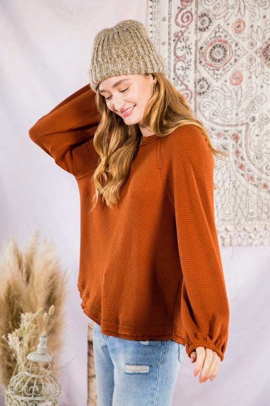 Keep me Warm-Solid Soft Waffle Knit Comfy Top-Camel