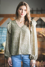 Olive Printed Shoulder ruffle printed blouse top
