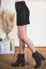 Faux Leather Front Bottom Slit Mini Skirt
