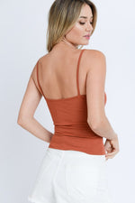 Rust Scoop Neck Buttoned Ribbed Knit Cami Top - Elizabeth's Boutique 