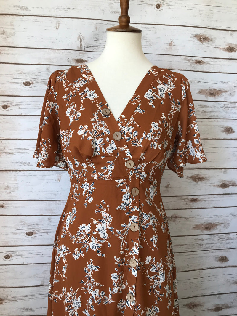 brown dress with blue flowers BROWN BLUE FLORAL MAXI DRESS