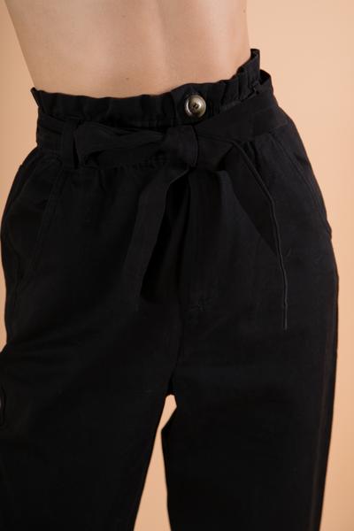 Straight Leg High Waist Paperbag Black Pants