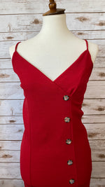 Rebecca Front Button V Neck Fitted Red Dress - Elizabeth's Boutique 