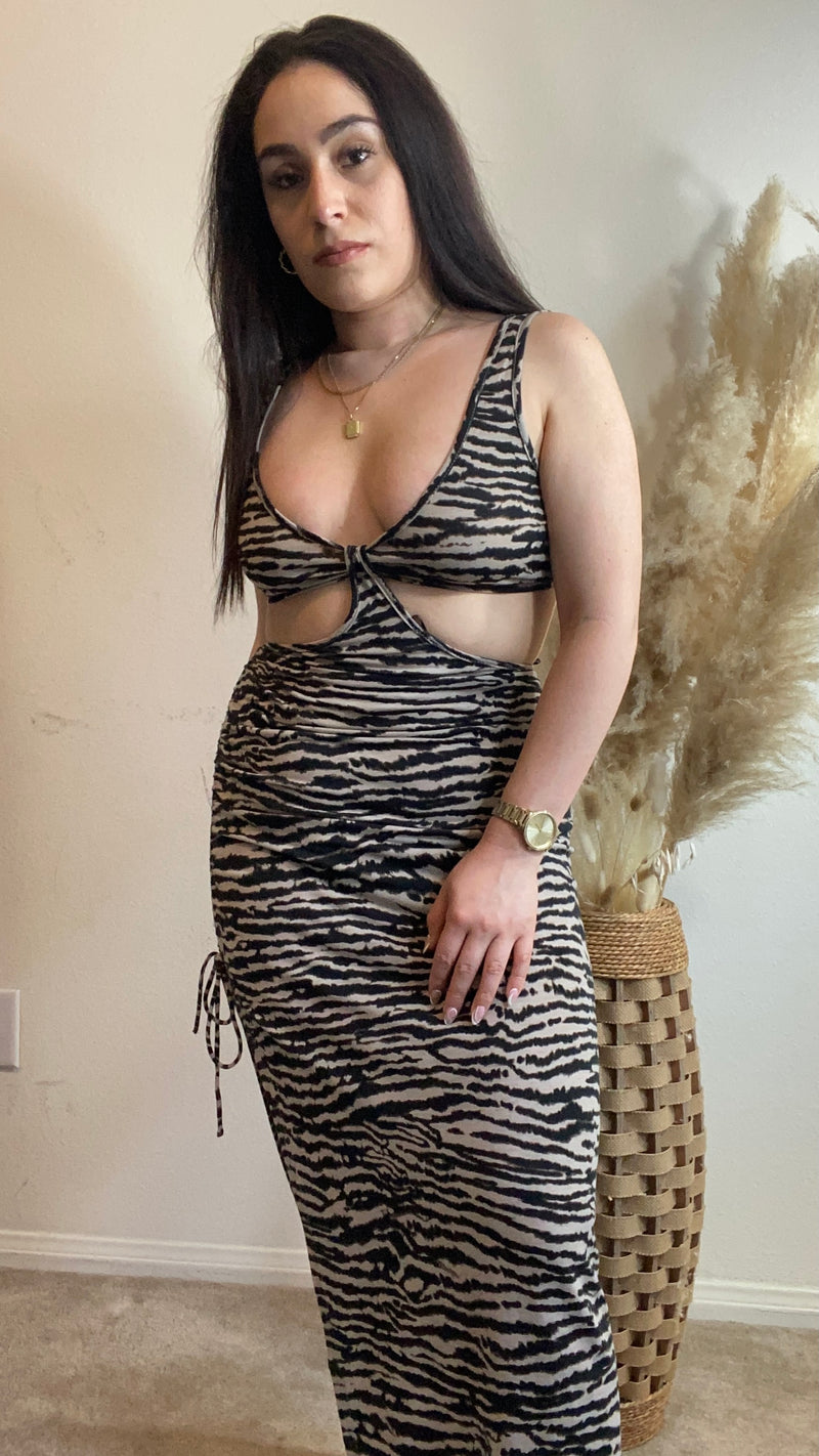 Tiger Print Cut Out Ruched Dress