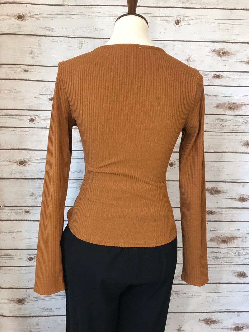 Ribbed Knotted Long Sleeve Top - Elizabeth's Boutique 